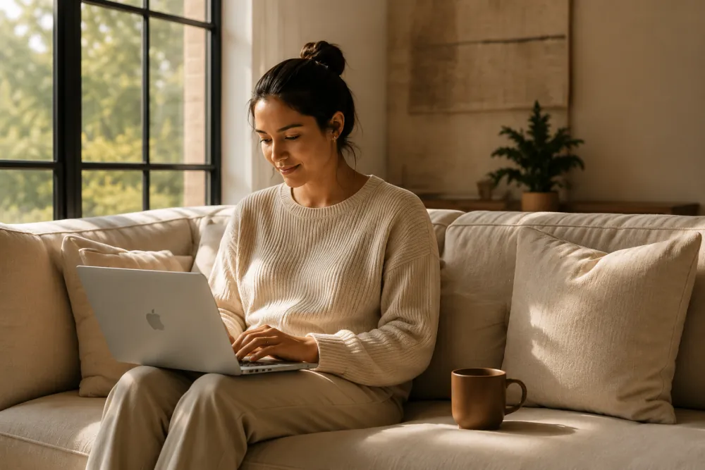 Member answering health questions on a laptop at home