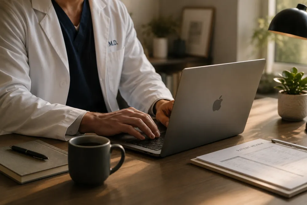 A board-certified physician reviewing a case on a laptop